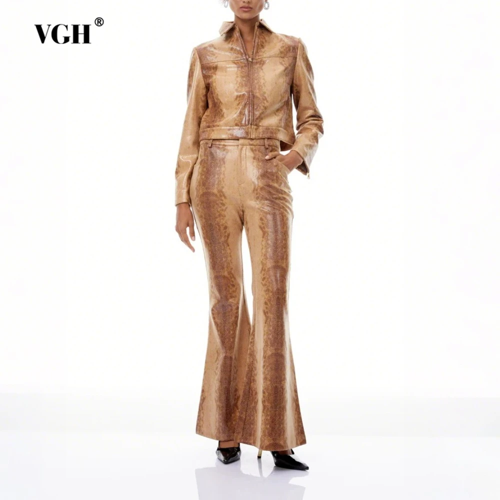 

VGH Snake Printing Pu Leather Suit for Women Lapel Long Sleeve Short Coat Low Waist Flare Pant Streetwear Two Piece Set Female