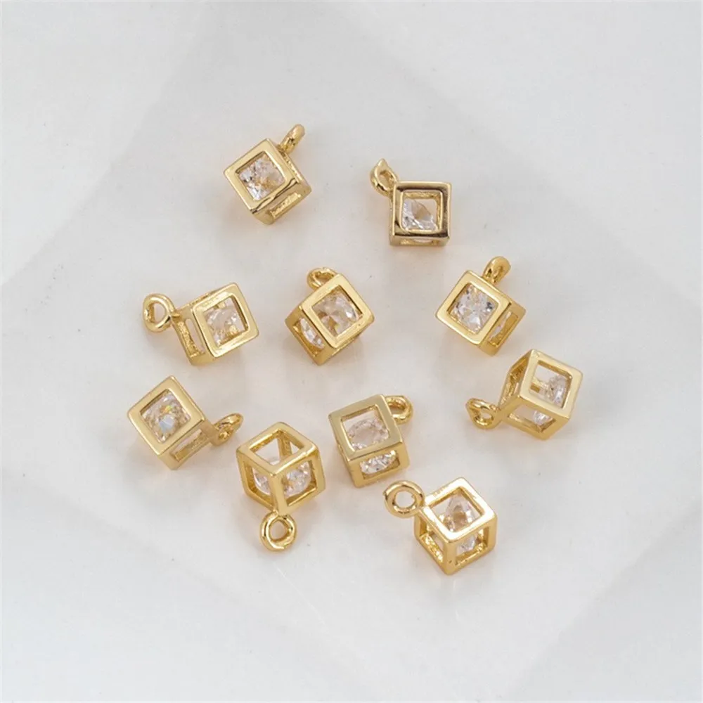 

14K Gold-wrapped Three-dimensional Square-wrapped Zircon Pendant DIY Accessories Charm Pendant Handmade Jewelry Materials