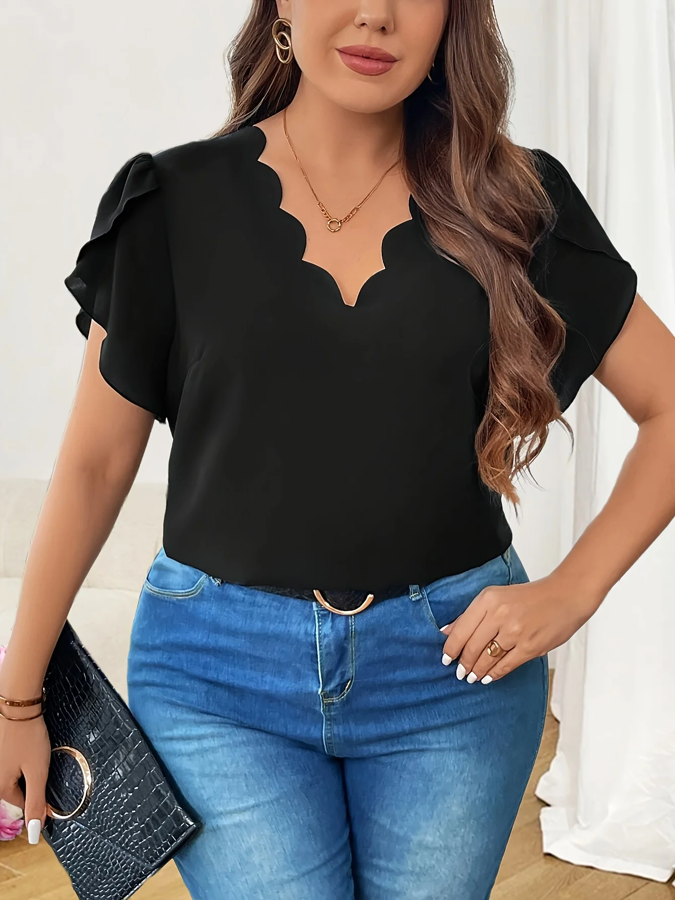 

Plus Size 1XL-5XL Women's Scallop Trimmed Petal Sleeve Blouse Sweet Office Lady Casual Top Daily Commute