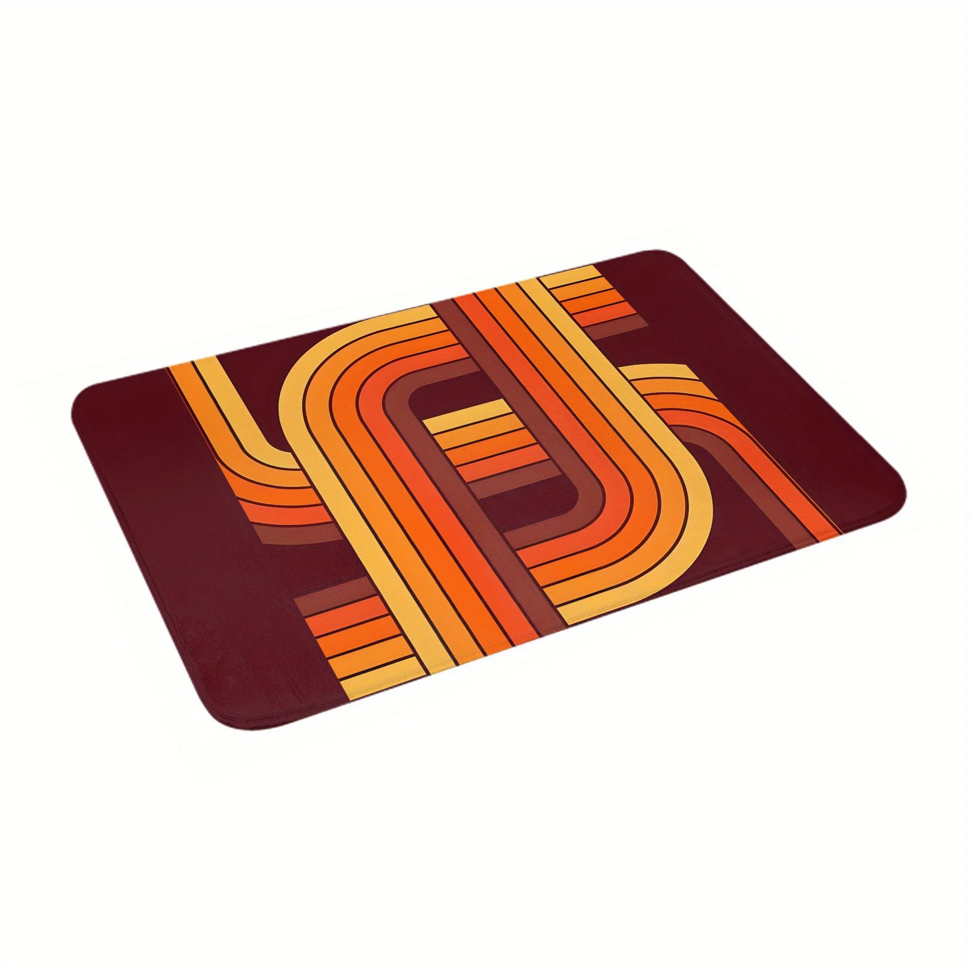 1pc 60s 70s Retro Geometric Pattern Flannel Doormat - Machine Washable Rectangular Entryway Mat, Plush Brown/Orange/Metallic Whi