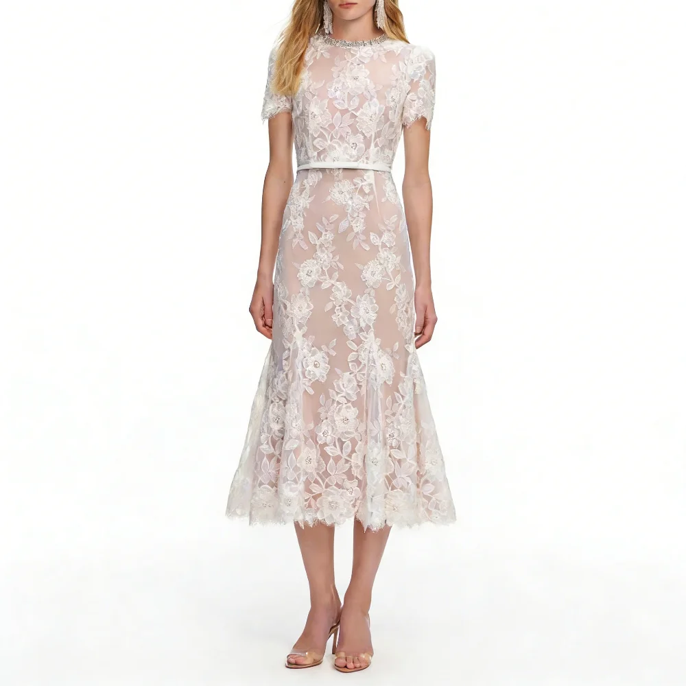 Customized Fashion Casual Lace Sash Rhinestone Pleat Ruched Mermaid High Collar Tea Length Evening Dresses for Woman Formal