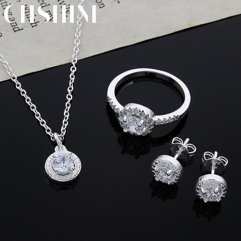 925 Sterling silver Cute Solid Christmas gift noble fashion elegant women shiny crystal CZ naszyjnik kolczyk pierścionek zestaw biżuterii