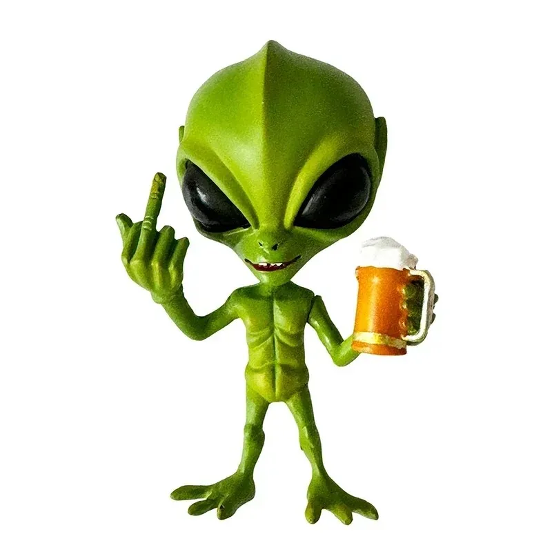 1PC 2026 New  Resin Alien Statue Funny Beer Drinking Sculpture with Vivid Expression Waterproof Garden Decor Middle Finger Pose