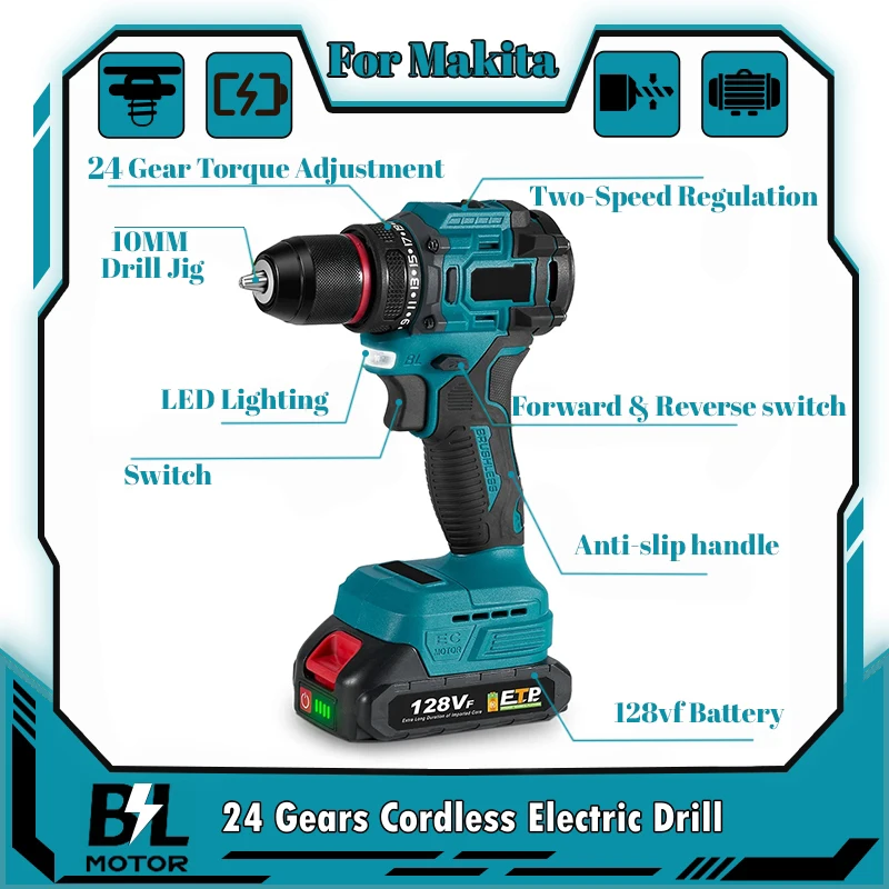 10mm 24 engrenagens sem escova furadeira elétrica chave de fenda com 24 acessórios sem fio eficiente furadeira de impacto ferramenta elétrica para makita 18v