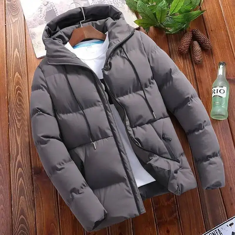 Chaqueta de algodón gruesa de invierno, abrigo de estilo coreano a la moda con capucha, abrigo informal para hombre, cierre de cremallera de color puro