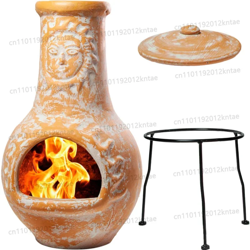 Medium Clay Chiminea Outdoor Fireplace – with Chimney Rain Lid, Sturdy Metal Stand, Yellow Terracotta, Patio & Garden
