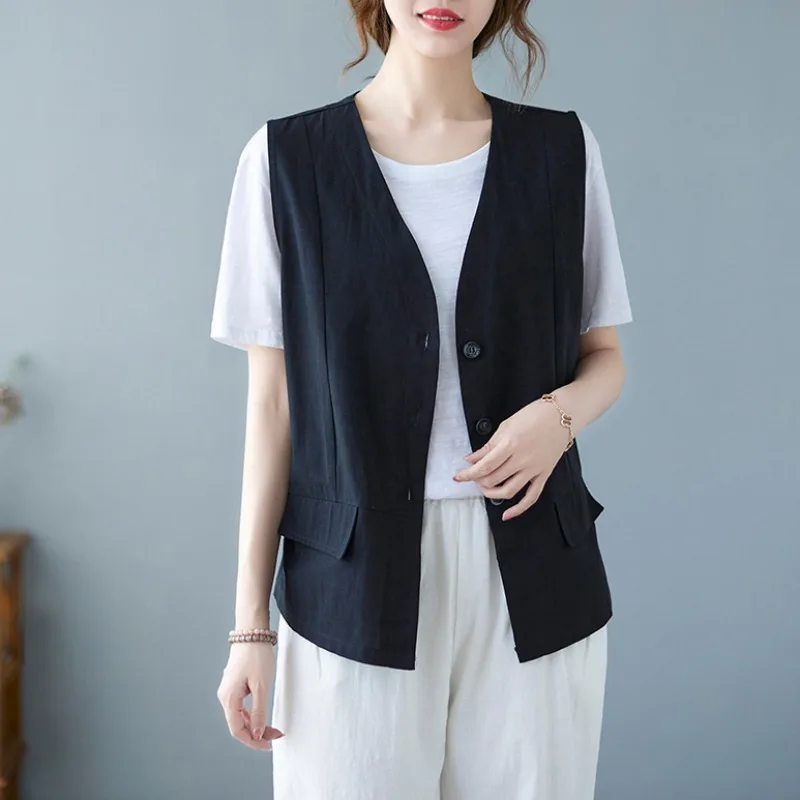 

Spring Summer Cotton Linen Vest Women's Artistic Loose V-ne Svel oulder Pad Slimming Linen Vest Jaet