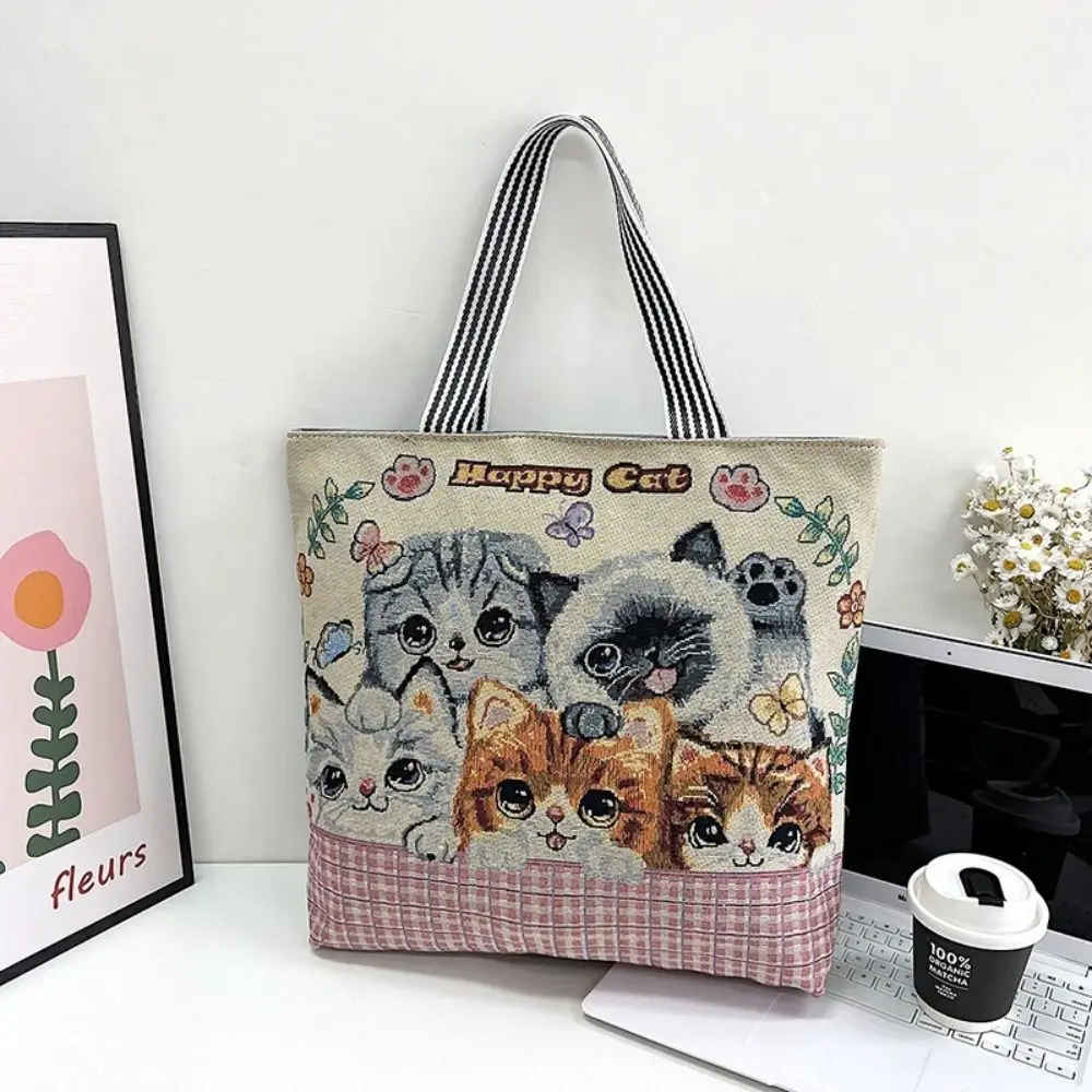 

Embroidery Ethnic Style Handbag Canvas Tote Bag Cute Cat Cloth Bag Shoulder Bags Handbag Animal Shoulder Bag Grocery Handbags