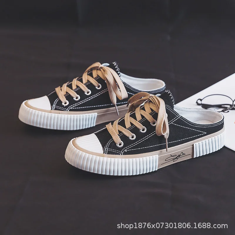 Women's Half Shoes Canvas 2022 New Korean Lazy One Step Platform Retro Non-slip Breathable Summer Lace Up Rubber Sapato Feminino