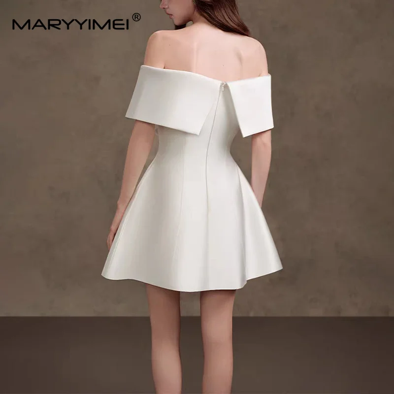 MARYYIMEI Solid color stitching beaded ceremonial dress one-line collar waist short dress 2026 summer new women's clothing