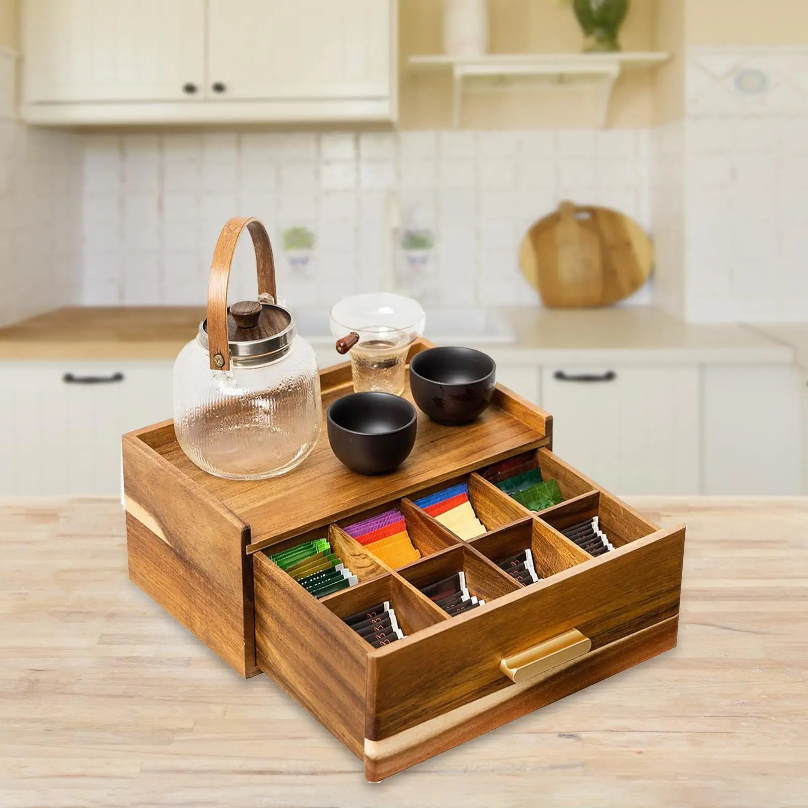 Wood Tea Bag Organizer Practical Space Saving Tea Station Chest Storage Drawer for Kitchen Pantry Cabinet Office Countertop