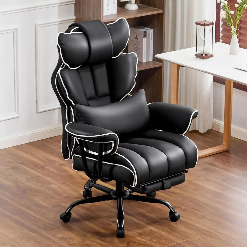

High-Back Heavy-Duty Office Chair for 400lbs, Wide Seat, Adjustable Recline, Lumbar Support, Leather Gaming Chair with Footrest