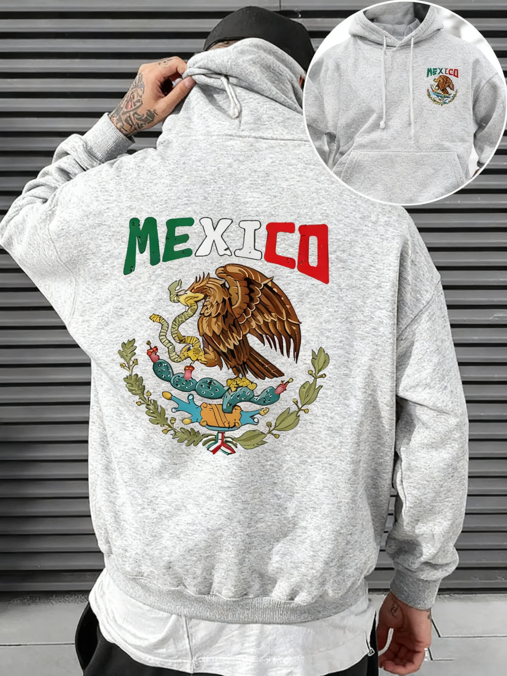 بلوفر رجالي بغطاء للرأس يتميز برسومات شعار نسر وأفعى المكسيك، ملابس خارجية مريحة وأنيقة لملابس غير رسمية #4
