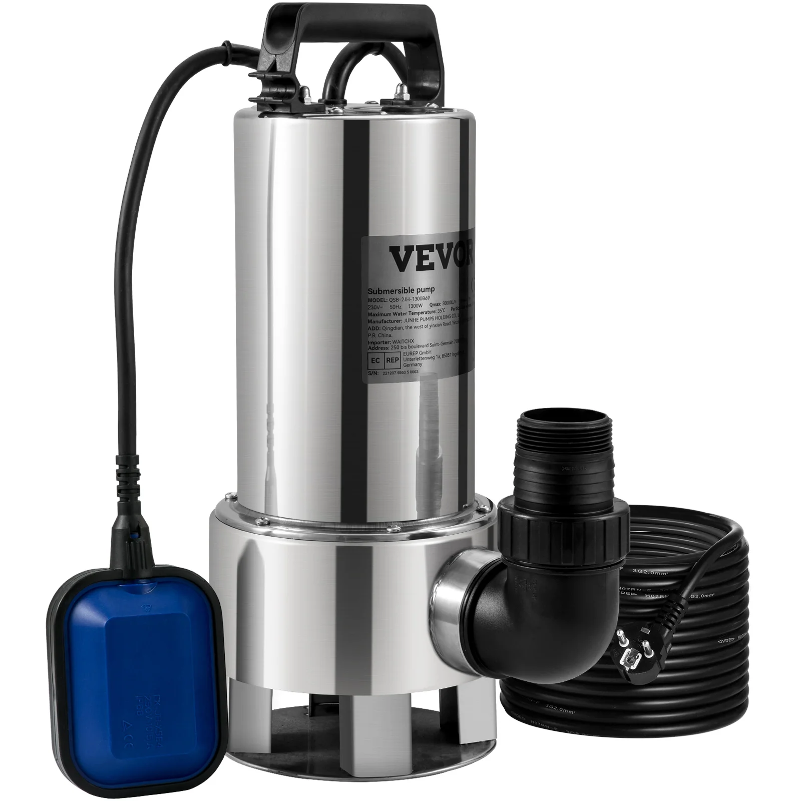 VEVOR Submersible Water Pump 1300W 20000L/H w/10m Cord Stainless Steel Submersible Water Pump Drain Floods/Swimming Pools/Pond