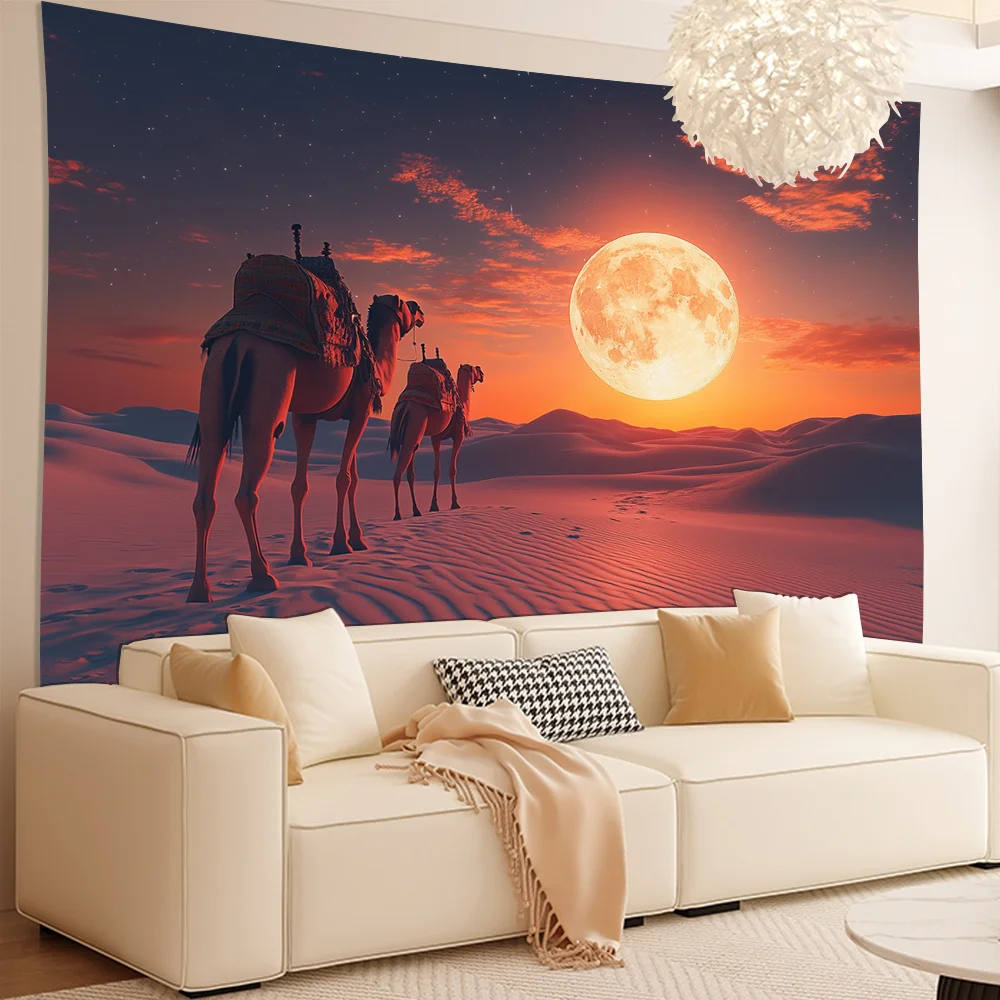 Desert Camel Tapestry, Full Moon over Sand Dunes at Sunset, Arabian Nights Landscape Wall Hanging for Home Dorm Background