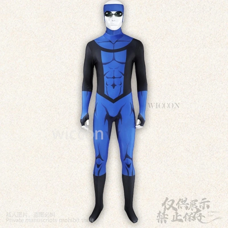 Markgraysonn Invincibeee Cosplay Customized Costume Blue Jumpsuit Bodysuit Battle Uniform Mask Glasses Punk Man Halloween