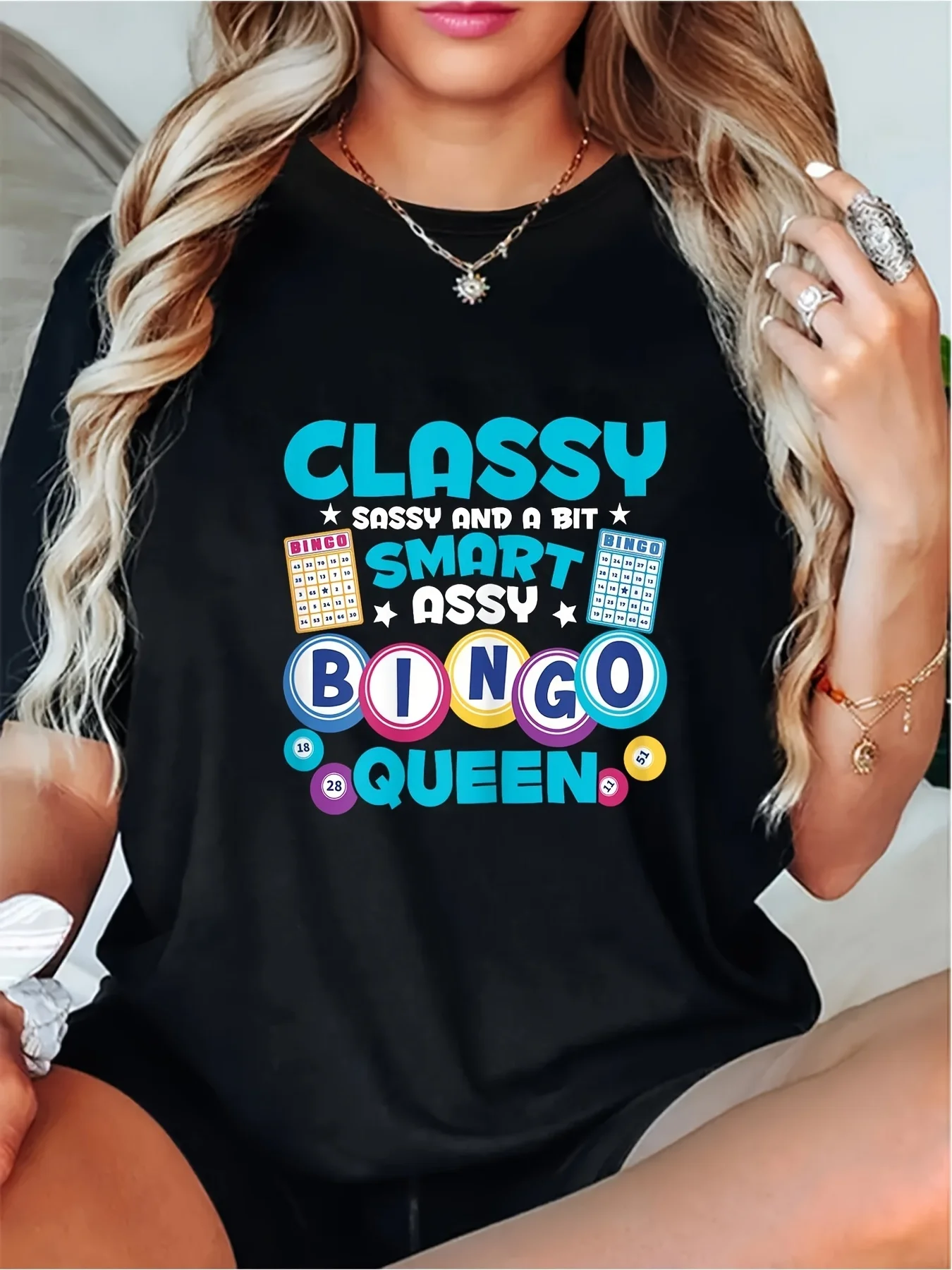 Stylish and Fun Bingo Queen Graphic Tee Tops Casual T Shirt Featuring A Vibrant Bingo Ball Design Short Sleeves Round Neck Tops
