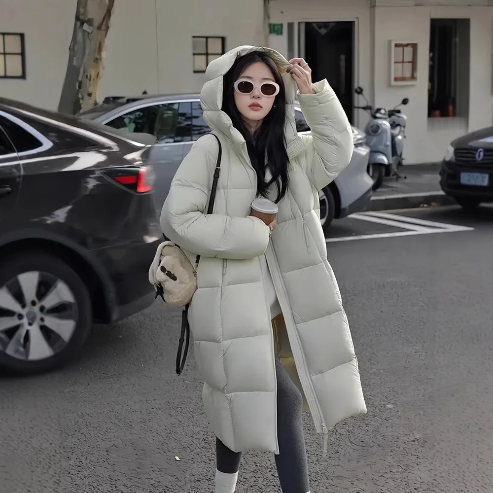 Hooded Long Winter Coat for Women with Wide Quilted Panels Thick Warm Padding Loose Fit Full Zip Casual Insulated Puffer Jacket