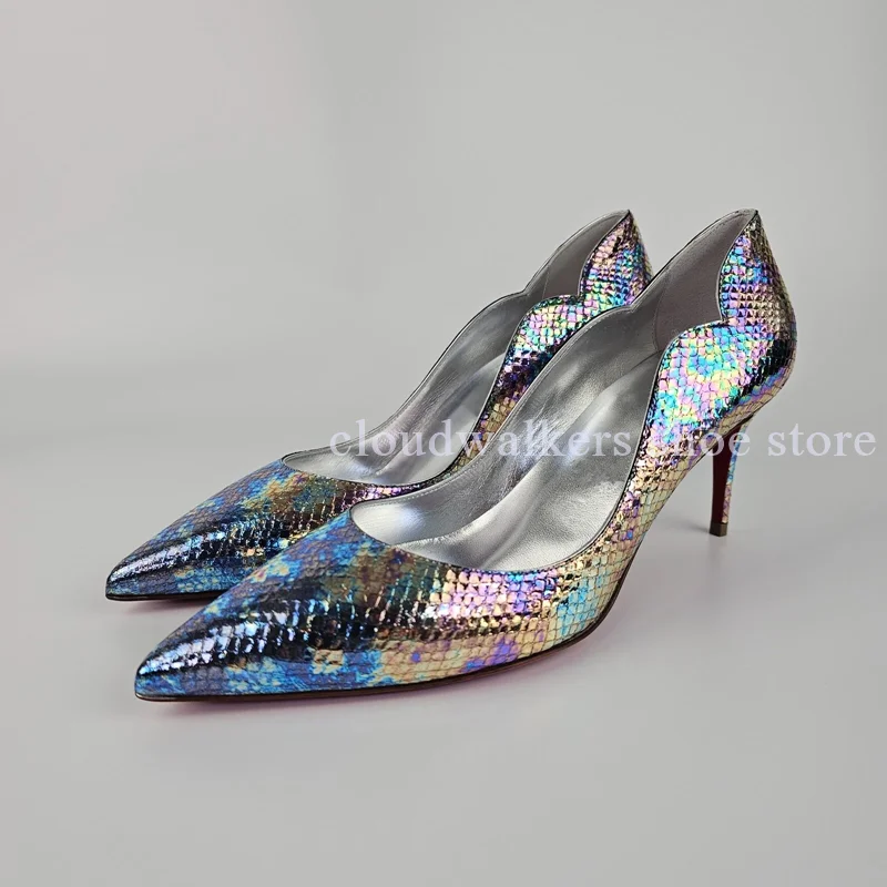 

Shiny Silver Fish Scales Sexy Point Toe Pumps Shallow Mouth Matching Wave Line Design Stiletto Heels Hot Girl Party Shoe Bag Set