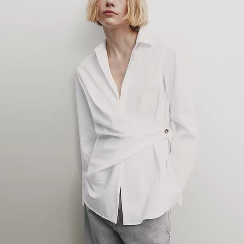 

V-Ne Cotton irt Women's Sle Cross Knot Decoration Commute Sle Loose Fit Long Sve Pure Color Button Plaet