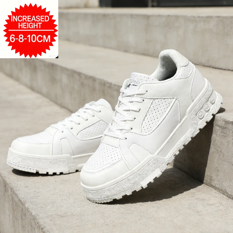 Men's Hidden Height Increasing Skate Shoes 6-10CM, Perforated Leather Elevator Sneakers Non-slip Sole Fashion for Daily Street