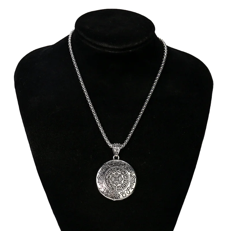Round Retro Stainless Steel Nine Palace Map Necklace Chinese Zodiac Horoscope Eight Diagram Pendant Sweater Chain Wealth Charm