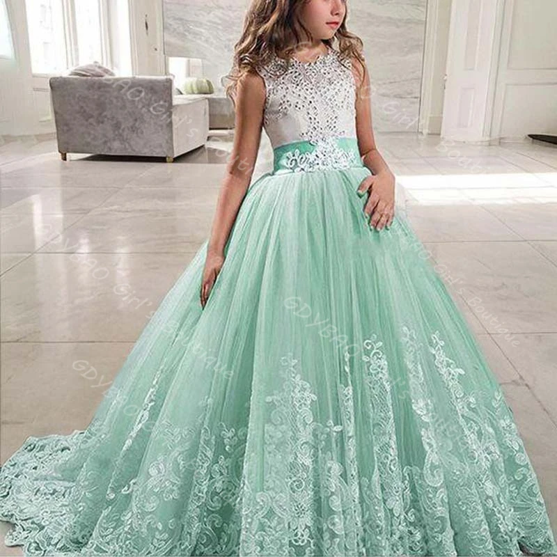 فستان فتاة الزهور الخضراء لوصيفات العروس لحفلات الزفاف مزين بالخرز من التل فستان التواصل الأول مع فيونكة/وشاحات فستان حفلات مخصص