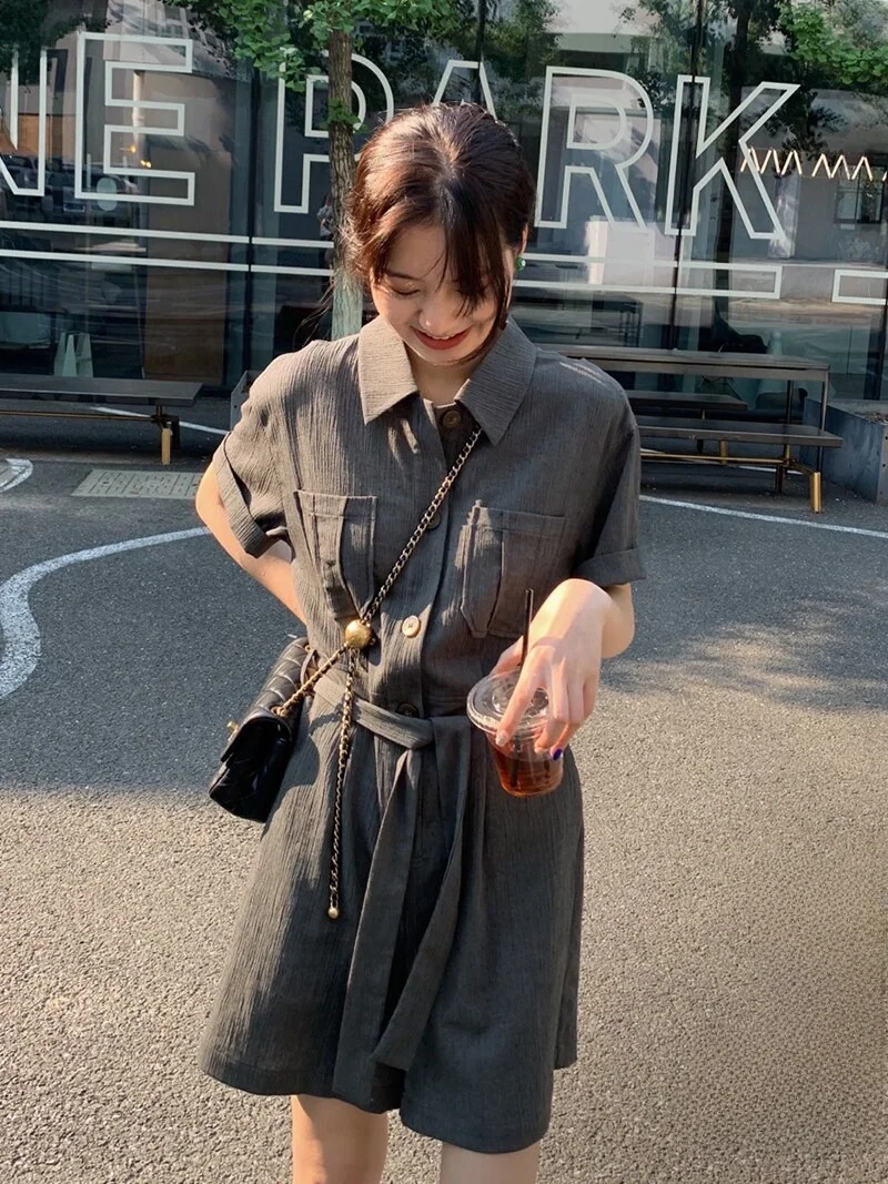 

Chic Lazy Style Thin Linen Pantsuit High Waist Short Sleeve Women's Suit Casual Fashionable All-in-One Jumpsuit