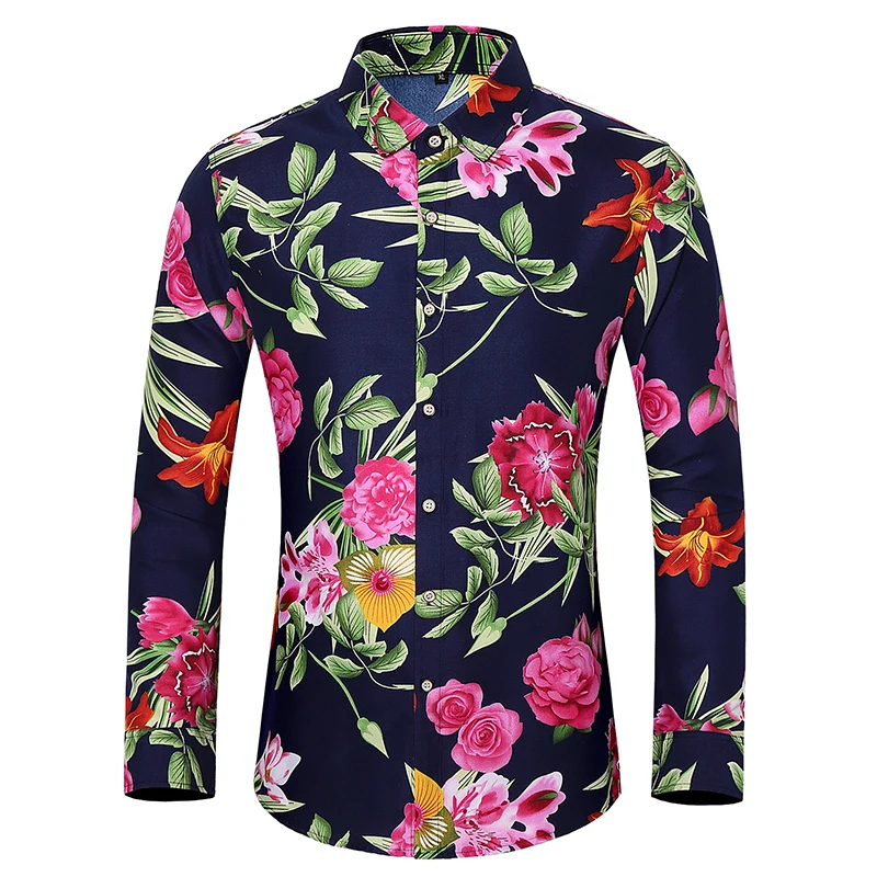 Men\'s Casual Shirt Spring New Arrival Flower Print Long Sleeve Shirts Male Fashion Plus Size Beach Holiday Shirt 7XL