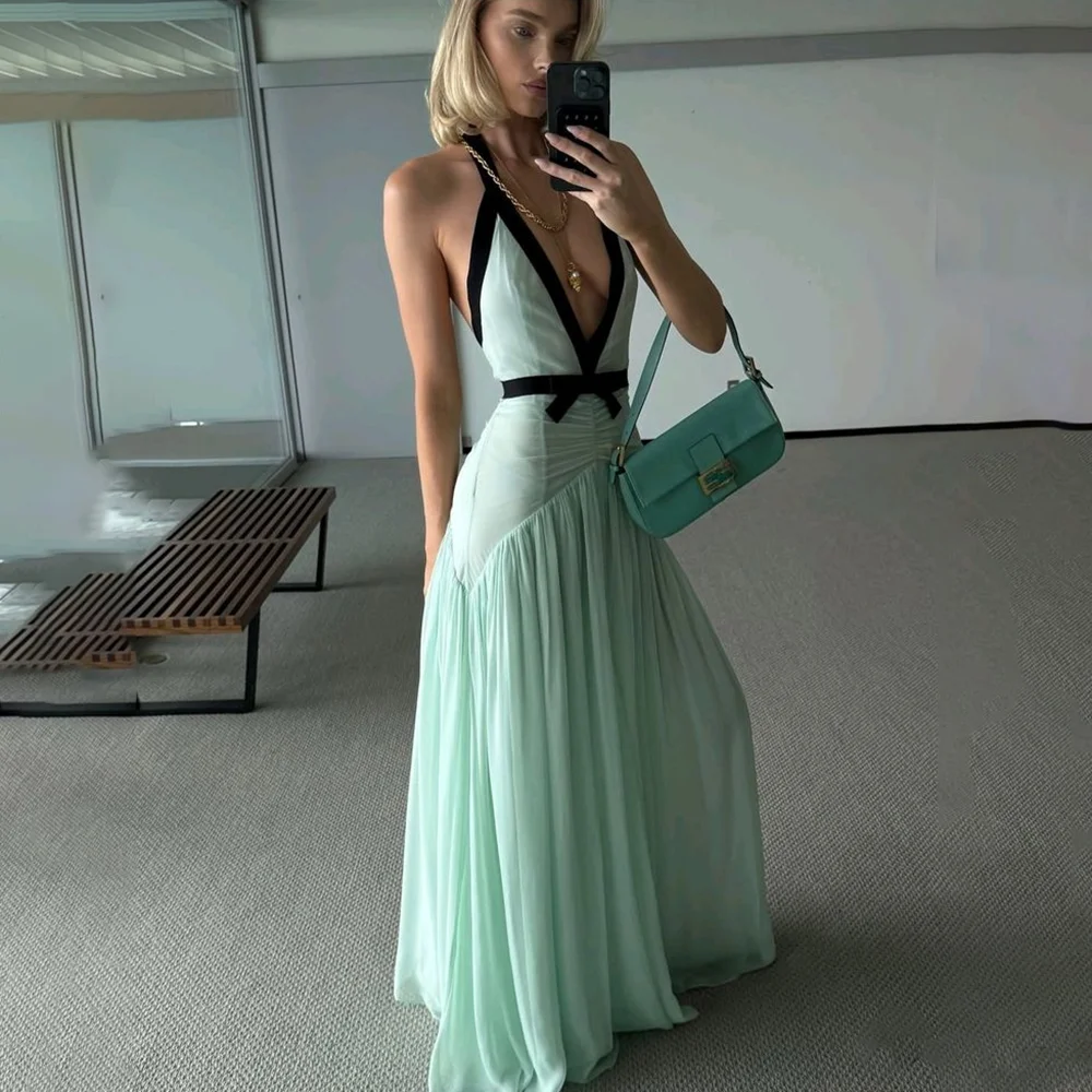 

Сексуальные вечерние платья с глубоким v-образным вырезом для женщин, без рукавов, для особых случаев, трапециевидной формы, со складками, длиной до пола, платья для выпускного вечера, Vestidos De Festa