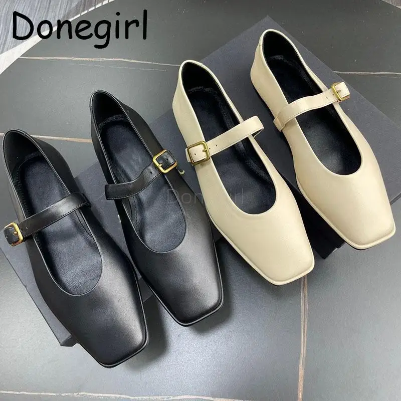 Donegirl 2023 New Women Fashion Spring Summer Leather Solid Square Head Flat Shoes Mary Jane Solid Versatile Female Shoes Chic