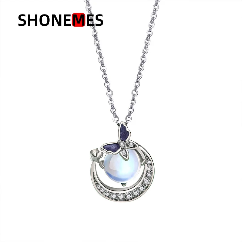 

Shonemes Moon & Butterfly Pendant Necklace 9x2x5 Moonstone Clavicle Chain Choker Jewelry Gifts for Women