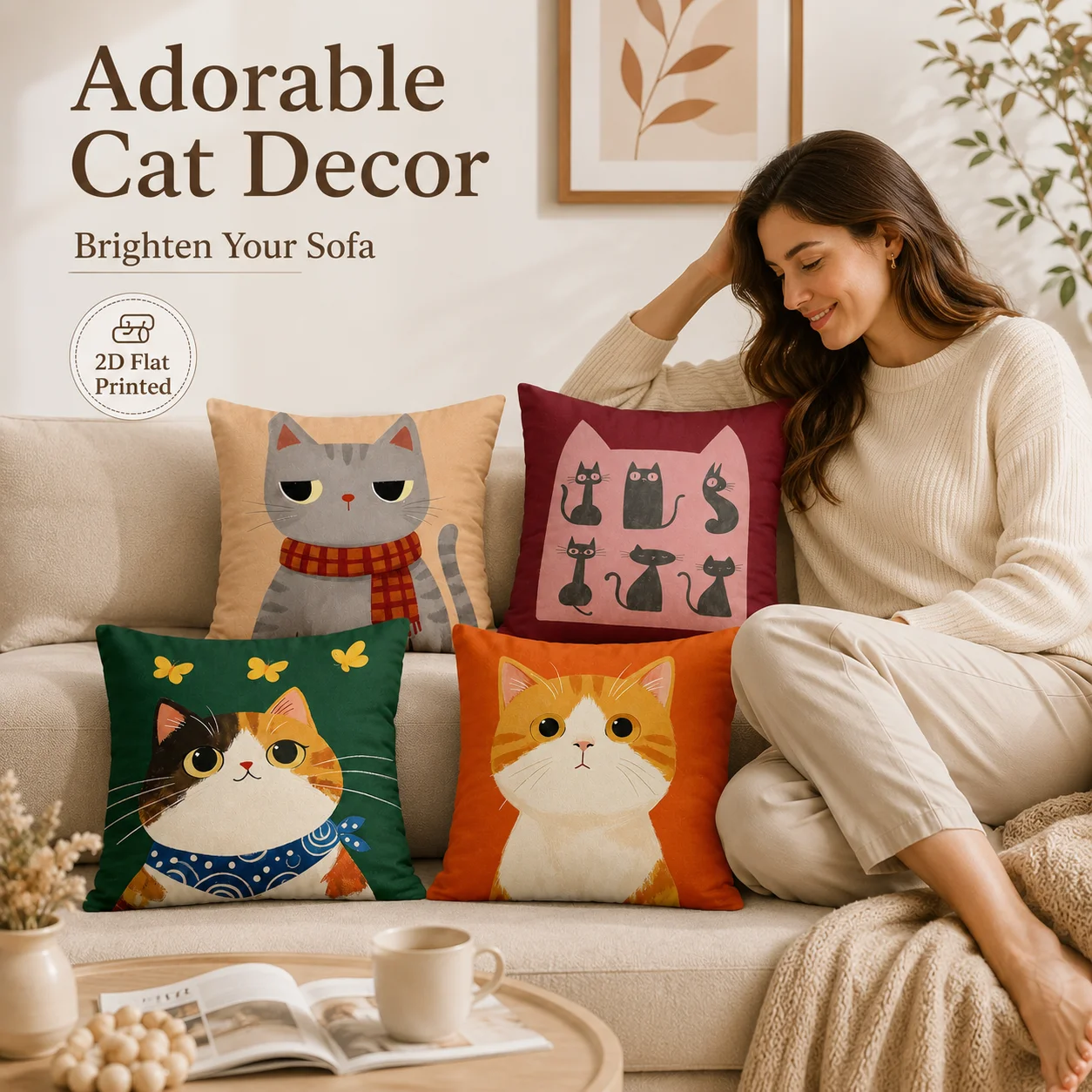 2D Flat Printed Peach Skin Cushion Covers 4Pcs Cute Cat Coussin Cartoon Animal Couch Living Room Decor