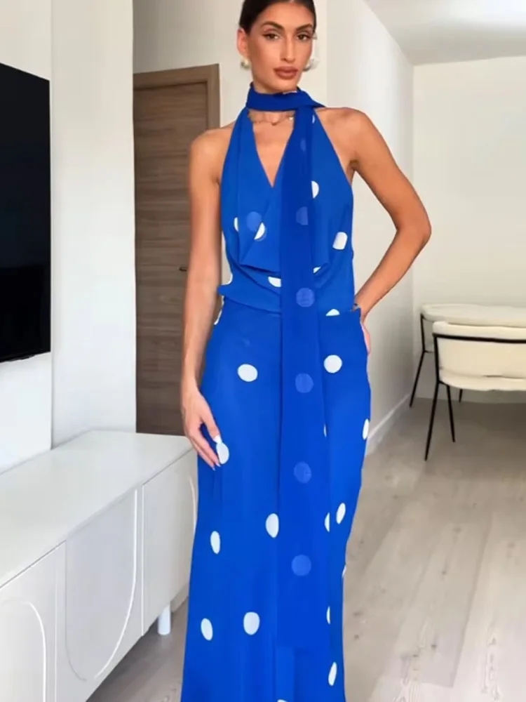 HH dames zomer strandstijl lange jurk stippen swingende kraag rugloze rits vrouwelijke mode sexy mouwloze jurken trendy