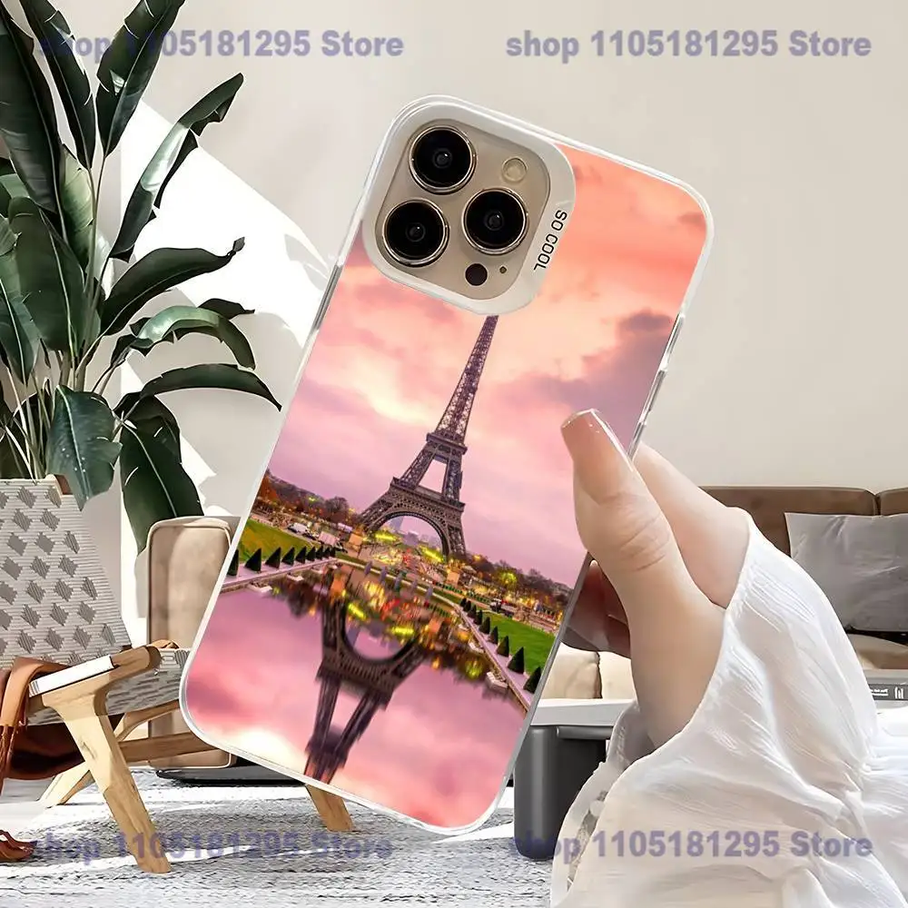 เคสโทรศัพท์ลายหอไอเฟล ปารีส สำหรับ iPhone17,16,15,14,13,12,11,Mini,Pro,SE,MAX,plus สีขาวด้าน ป้องกันการกระแทก