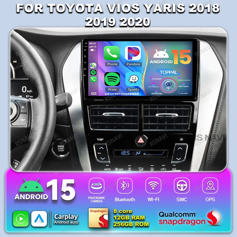 

Car Radio Android 14 For Toyota Vios Yaris 2018 2019 2020 8 Core Autoradio Head Unit Systems DVD Multimedia Qualcomm DSP QLED BT