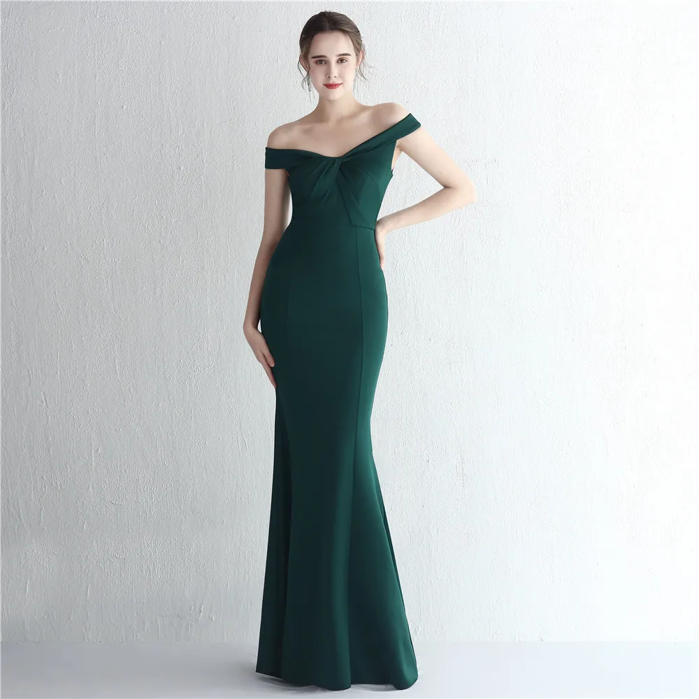 Sexy V-neck Off Shoulder Rucehd Mermaid Satin Long Formal Evening Dress