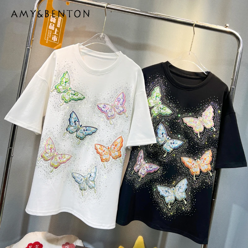 Heavy Embroidery Diamond Drills Mid-Length T-shirt For Women's 2024 Summer Fashion Y2k Butterfly Loose Top Harajuku Tees Clothes