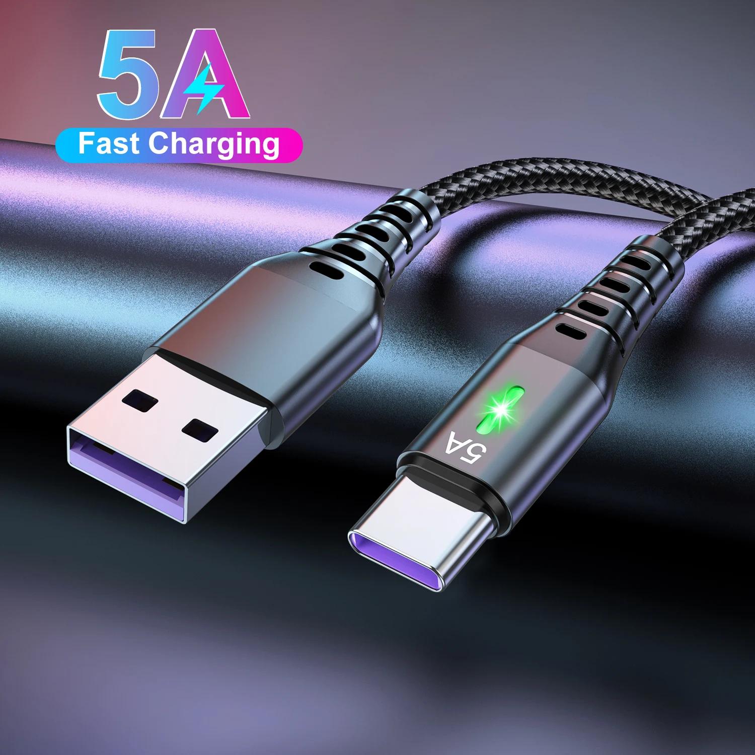 5A USB Type C Fast Charging Cable for Samsung Xiaomi Mobile Phone Quick Charger Data Cable LED Nylon Braided Wire 0.3M/1M/2M/3M