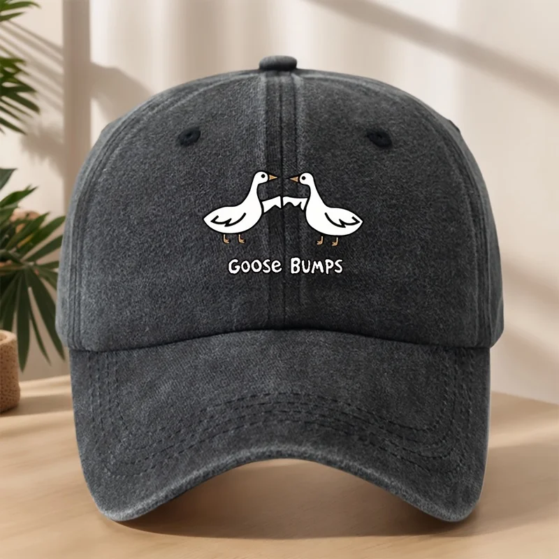 

Vintage Washed "Goose Bumps" Baseball Cap - Adjustable Snapback, Soft Polyester, Funky Duckbill Hat with White Goose Print, Unis
