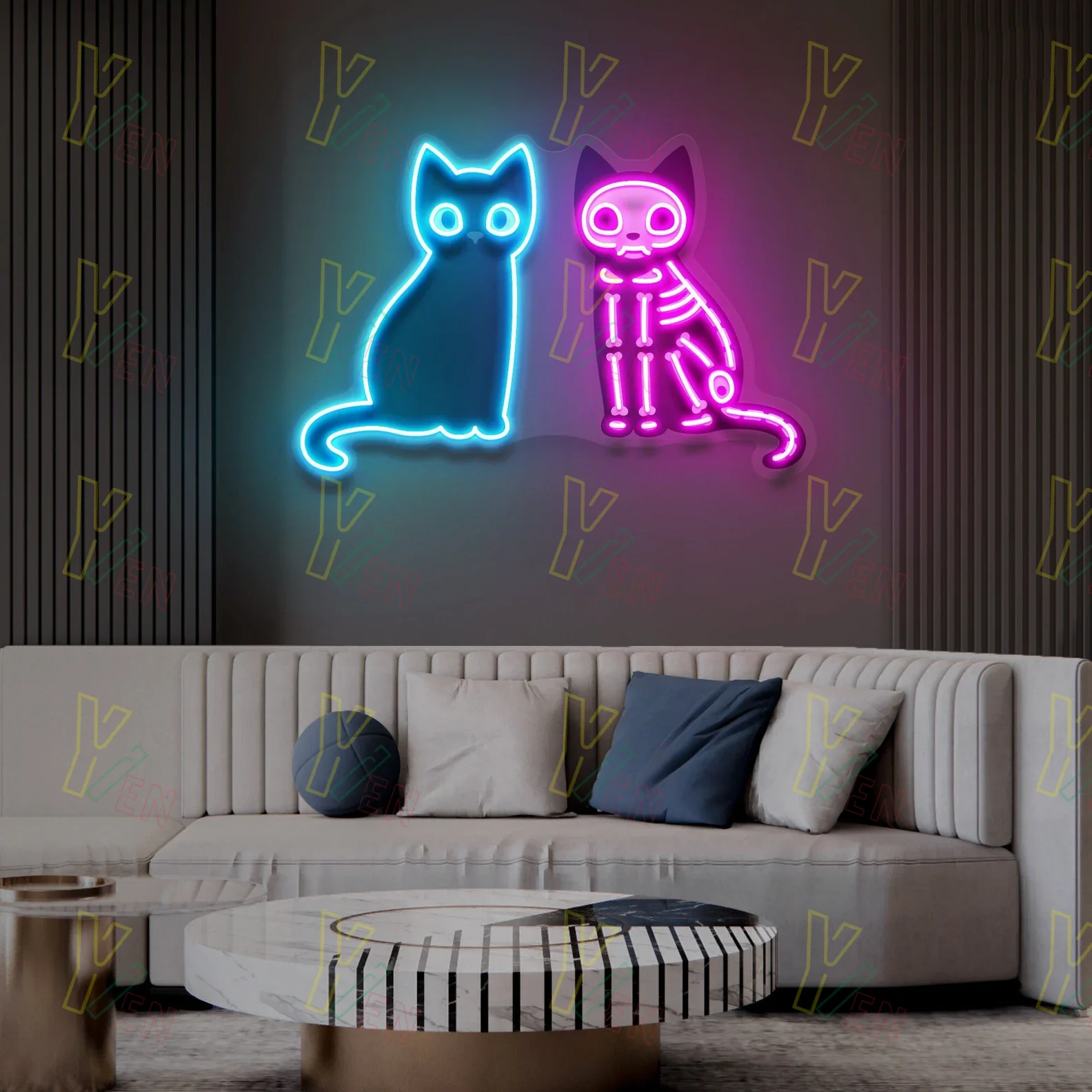 Skull Cranium Cat Couple Cat Neon Sign, UV Neon Sign, Wedding Neon Sign, Custom Neon Sign, 5v Neon Sign, USB Neon Sign