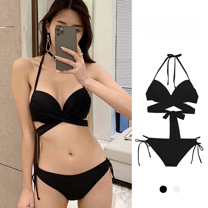 Sexy Korean Bandage Halter Cross Bikinis Sets White Triangle Steel Support Small Chest Gathered High Waisted Sexy Solid Swimwear