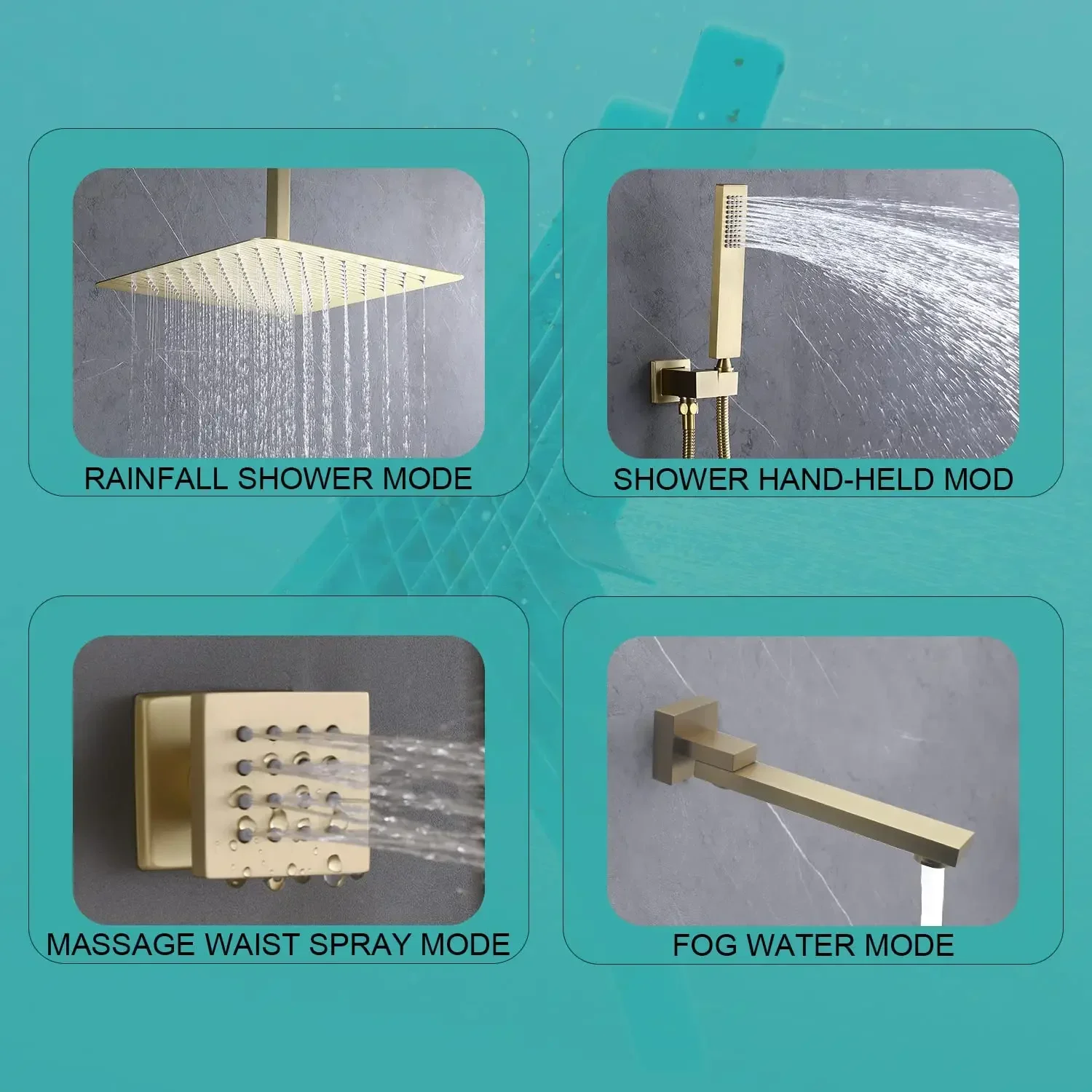 HOMEDEC Bathroom Concealed Shower Mixer Brushed Gold Square Shower Faucet 3 Ways Complete Rainfall System Shower Set