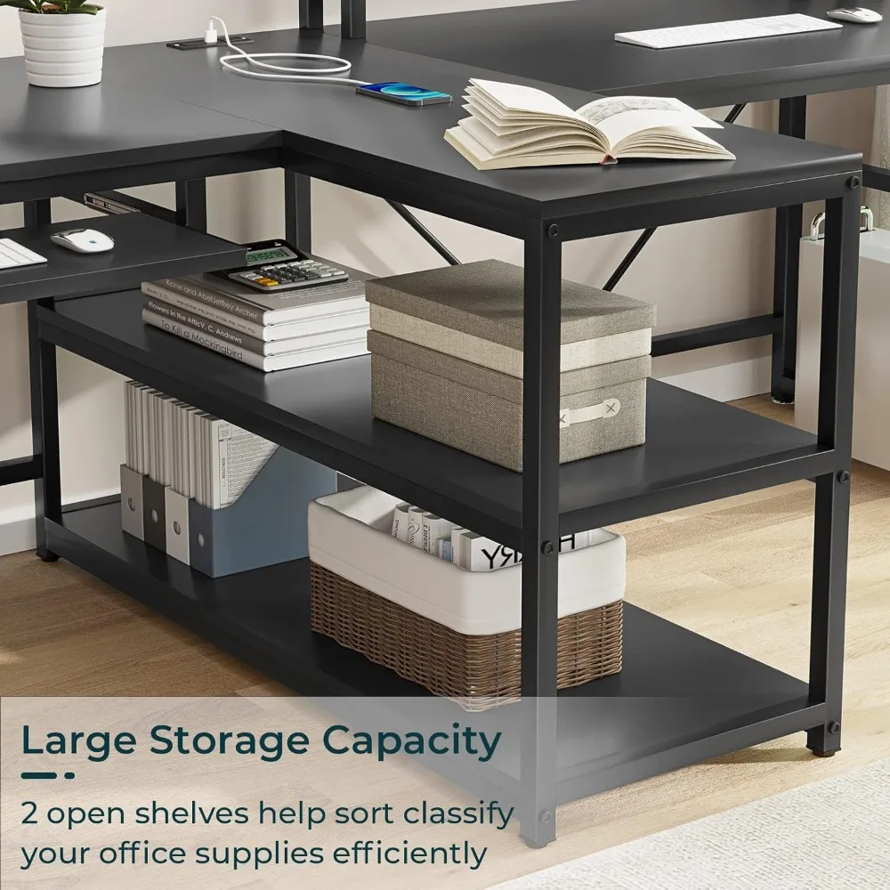 94.5" Office Computer Desk, 2 Person Gaming Desk with Storage, LED Lights, Keyboard Tray, Power Strip with USB & Monitor Stand,