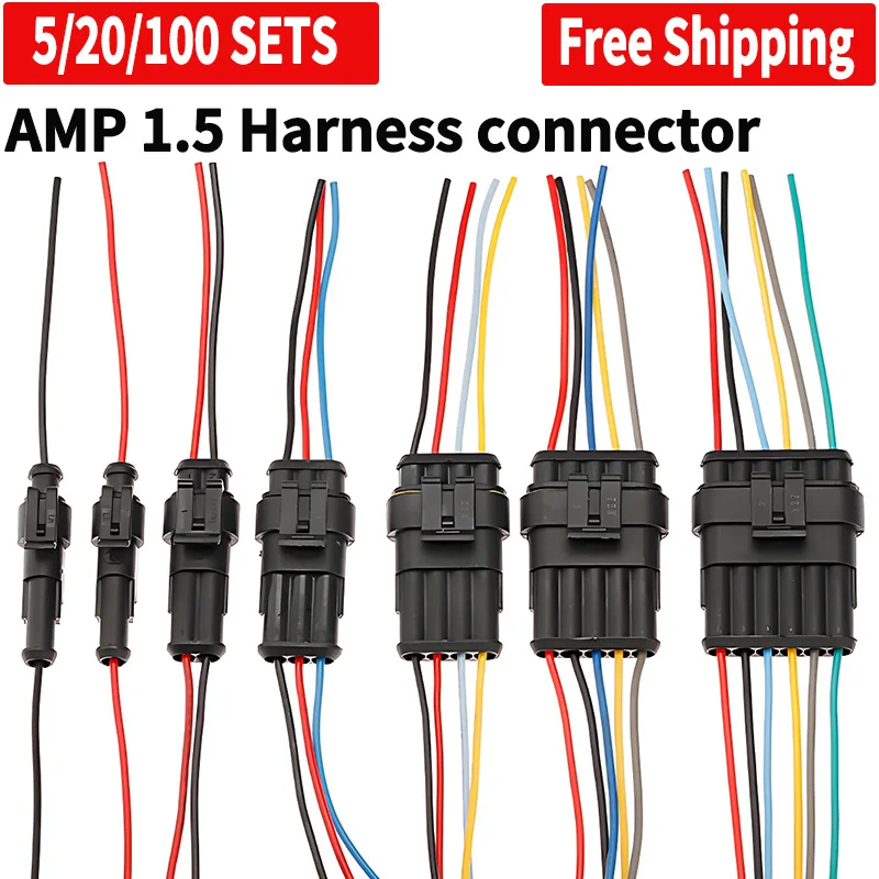 

5/20/100Sets AMP1.5 Connector 1P 2P 3P 4P 5P 6P Waterproof Electrical Auto Plug Male Female with Wire 18AWG harness Motorcycle