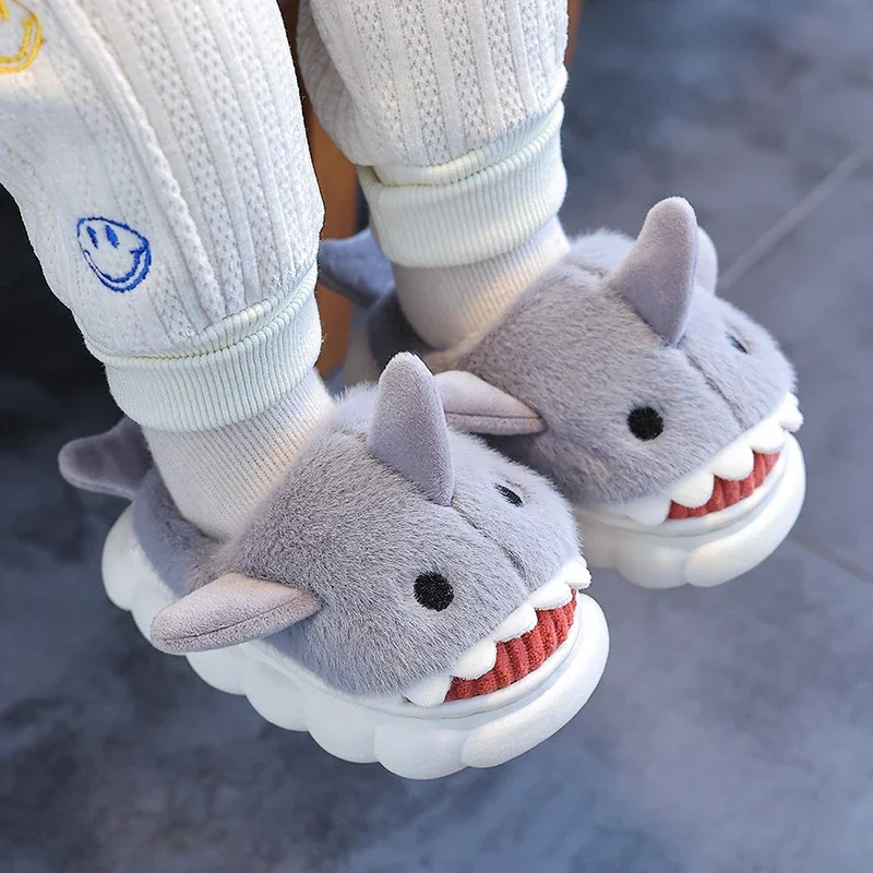 Children Slippers Shark Cartoon Kids Girls' Shoes Cotton Slippers house child Boy Cute Winter Warm Non-slip Thick Bottom Drag