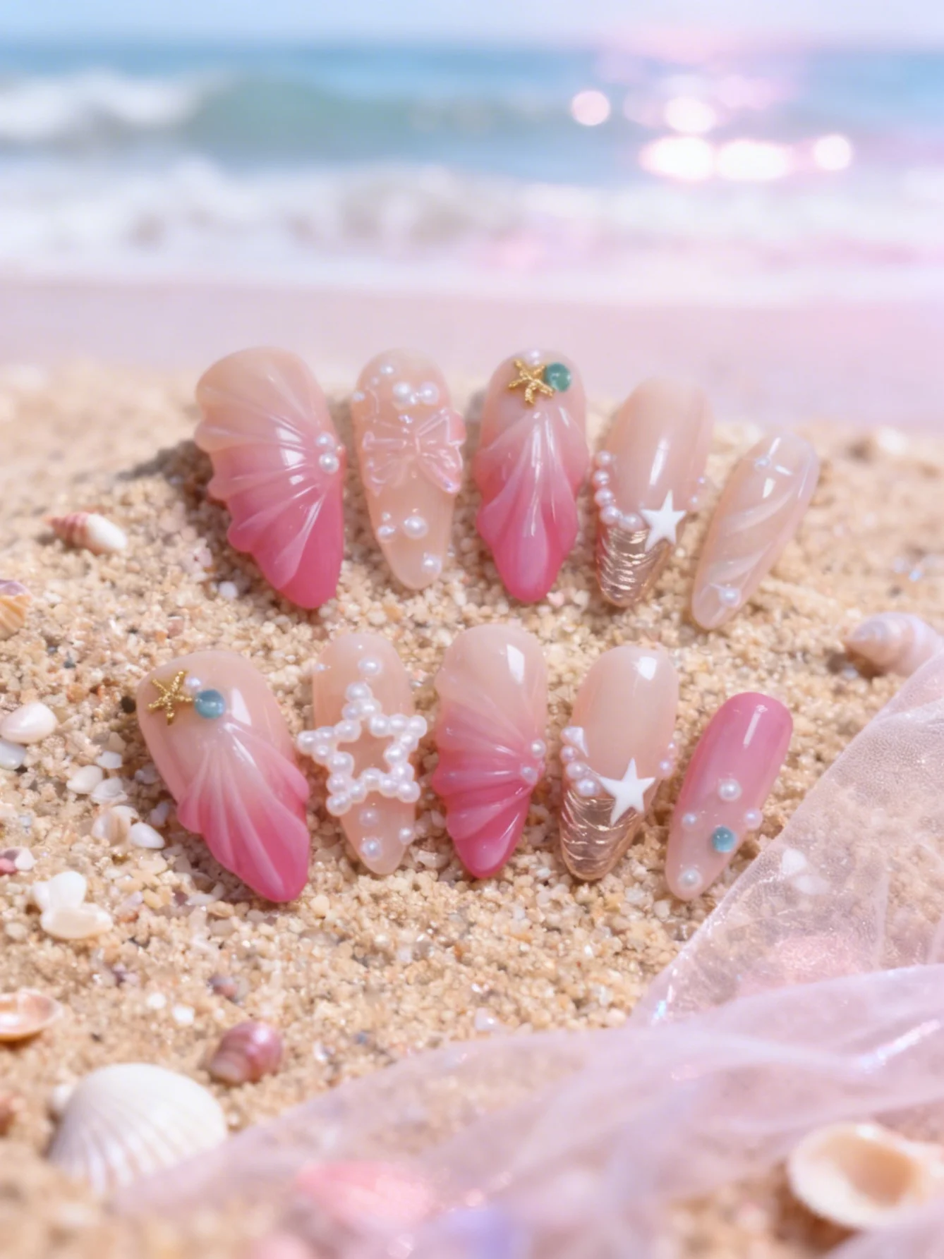 10-Piece Set of Mermaid Shell Ocean-Style Almond-Shaped Press-On Nails, with a Transparent Nude Pink Base Color, Paired with a Gradient from Light to Dark Pink Peach Tones, Featuring a Clear Jelly Texture, Creating a Dreamy Mermaid Vibe, and a Glossy Finish with a Full Water-Gloss Effect.