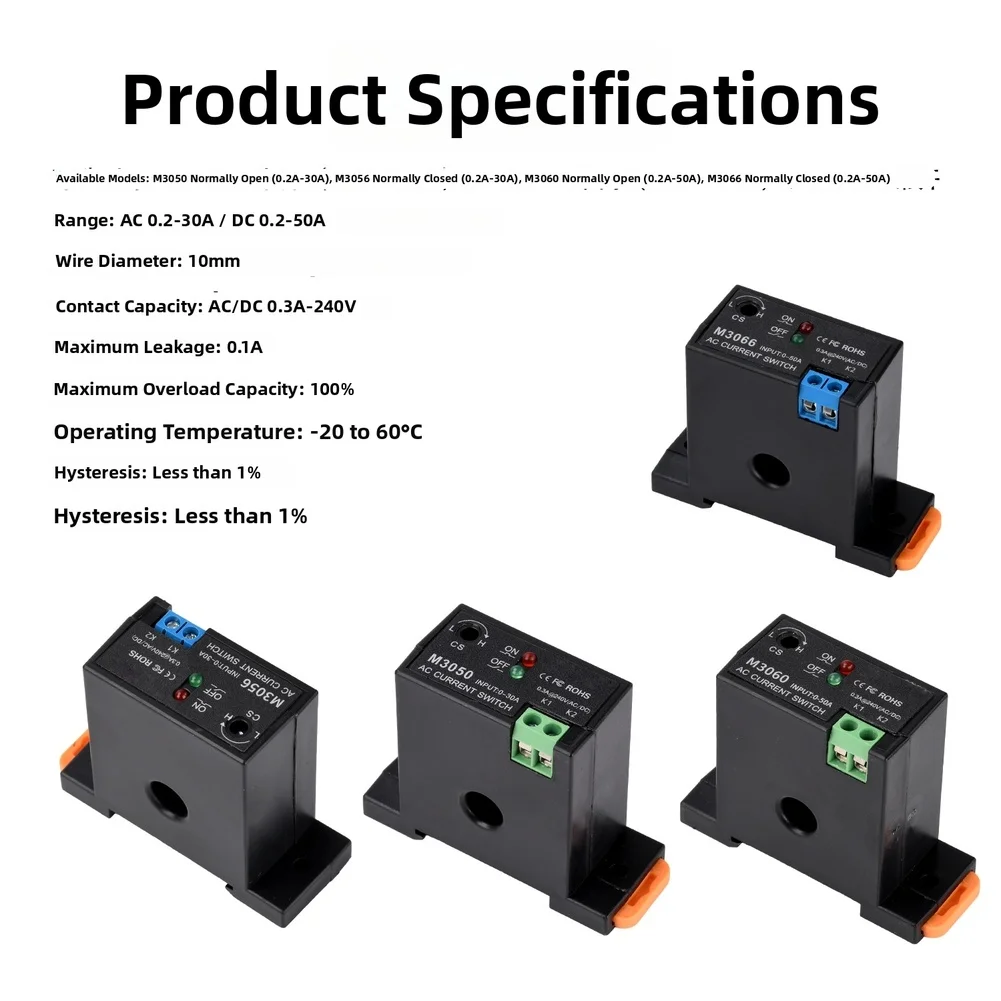 Adjustable AC Current Sensing Switch 0.2-30A 50A Self Powered Dry For Contact For PLC Control Alarm System Industrial Automation