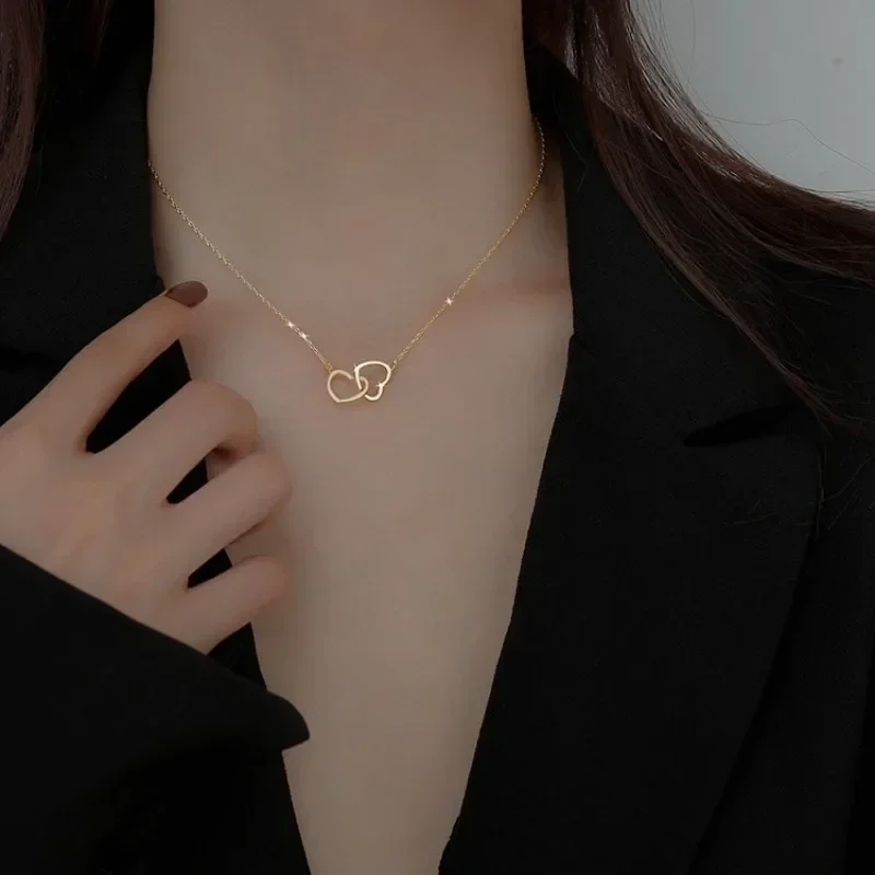 Minimalist Double Hollow Heart Necklace for Women Korean Clavicle Chain Necklace Stainless Steel Choker Gold Color Chain