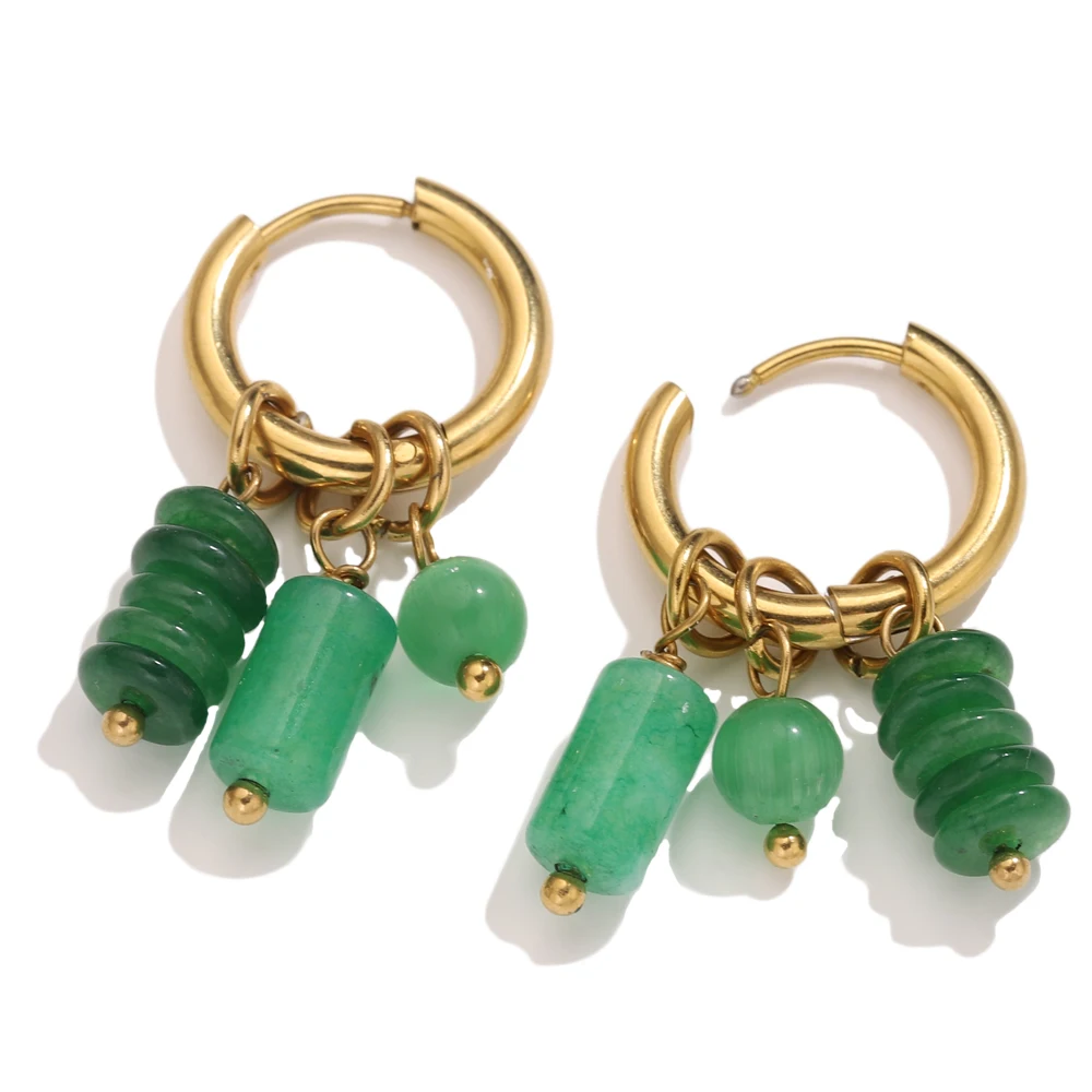 1 زوج الذهب اللون مطلي الفولاذ المقاوم للصدأ هوب أقراط للنساء خمر الحجر الأخضر سحر العصرية للماء مجوهرات هدية #4